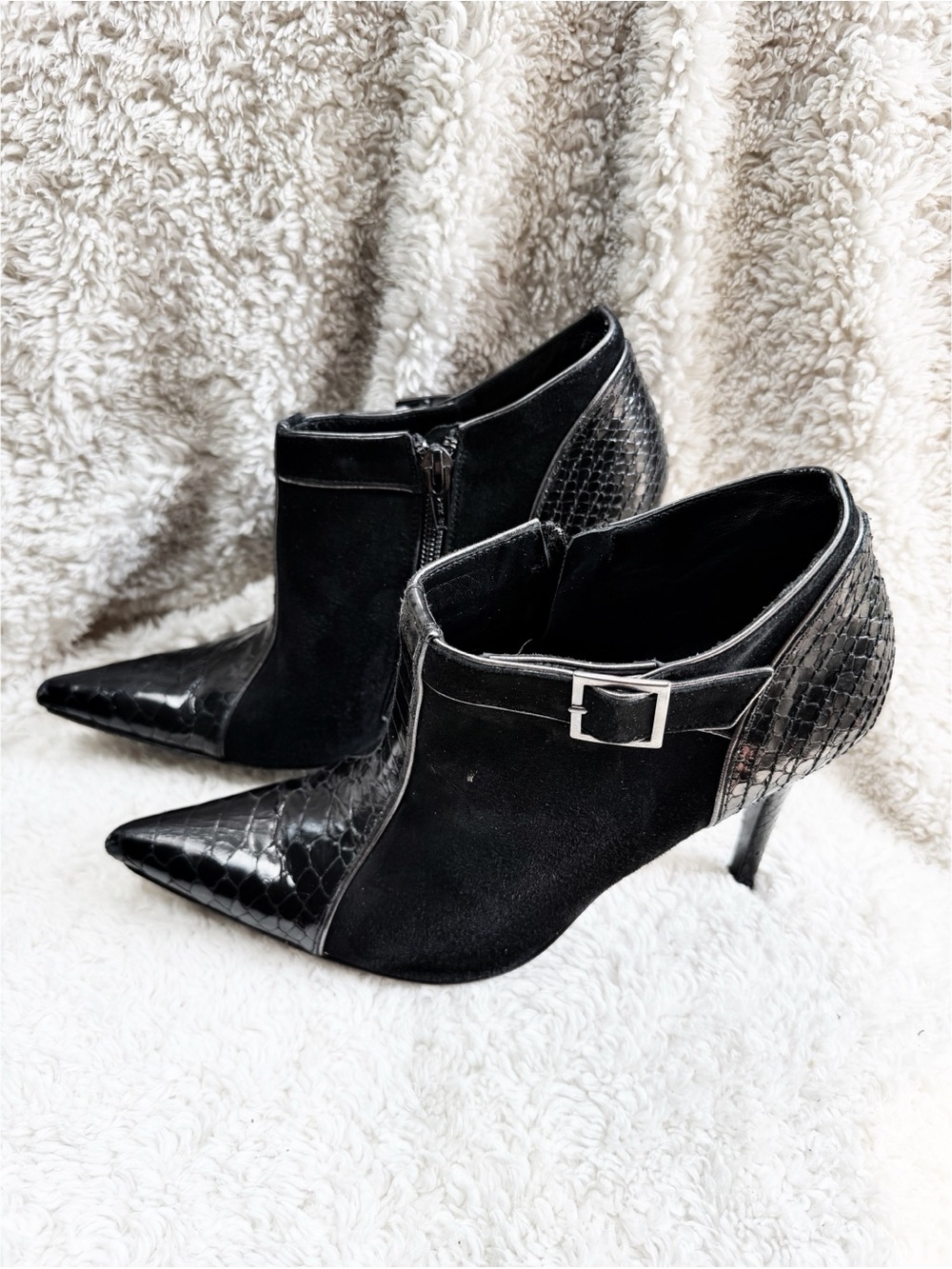 Charles David Pointed Toe Black Ankle Booties with Buckle Detail